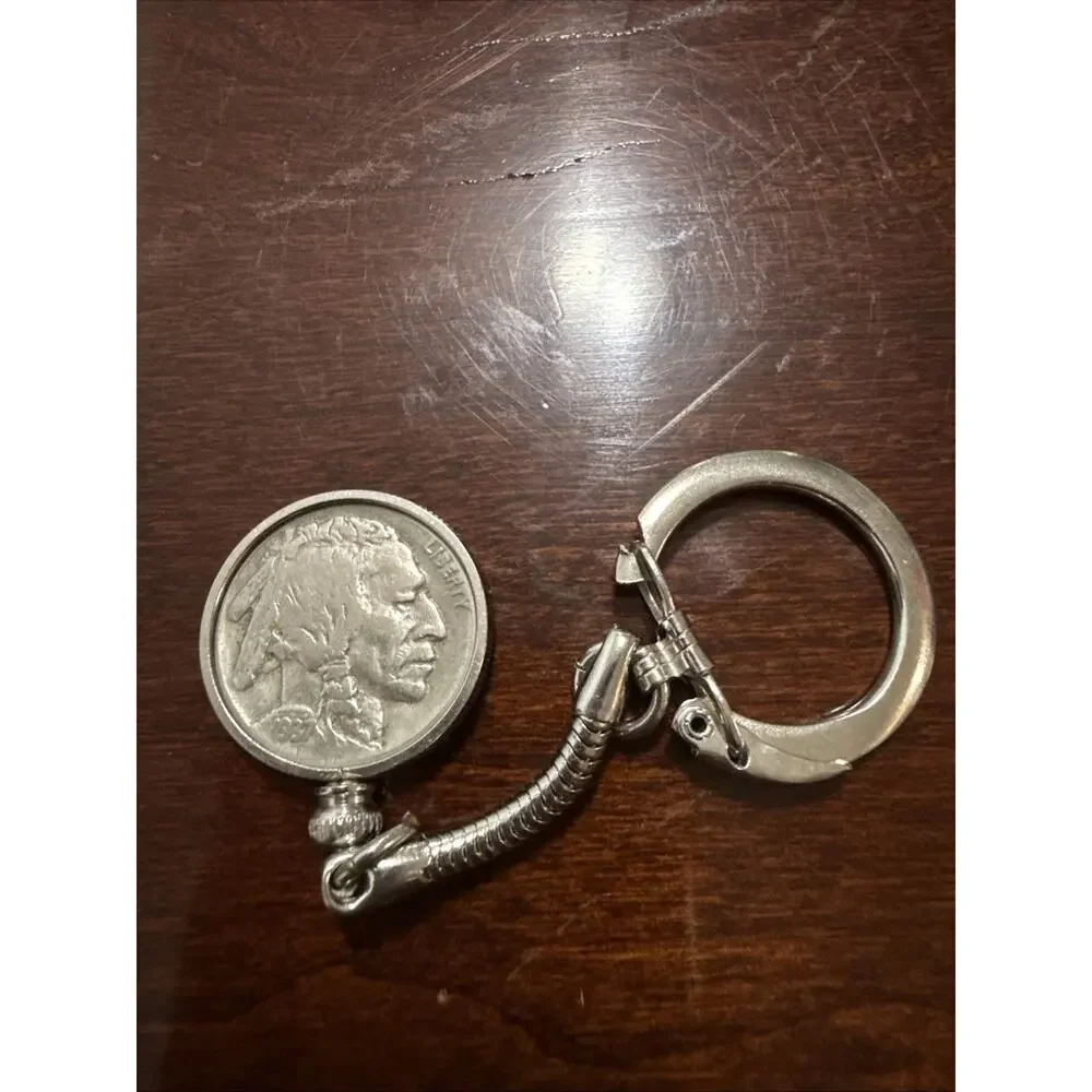 Vintage 1937 Buffalo Indian Head Nickel Keychain Estate Find Rn 3 Coin